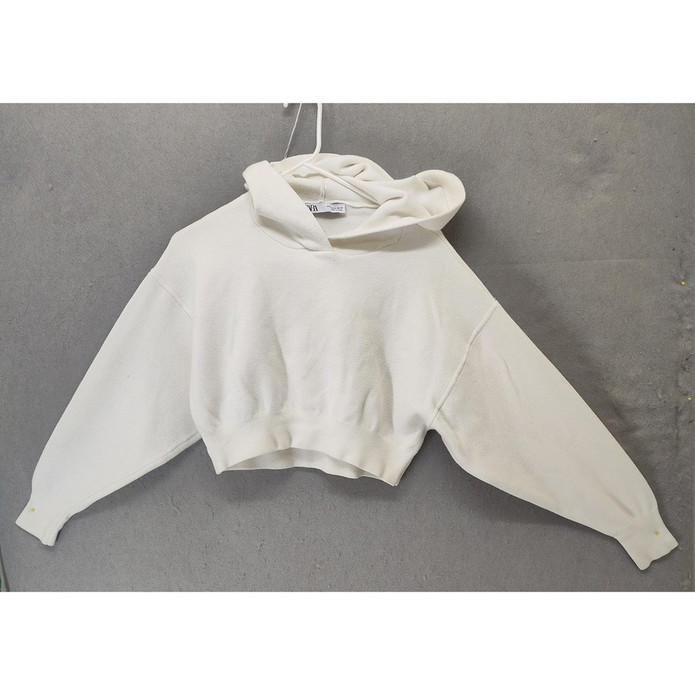 Zara Hoodie Womens Medium White Cropped Pullover Long Sleeve Viscose Blend Cozy